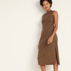 NWT Old Navy Leopard Print Fitted High Neck Sleeveless Dress Navy Medium Tall